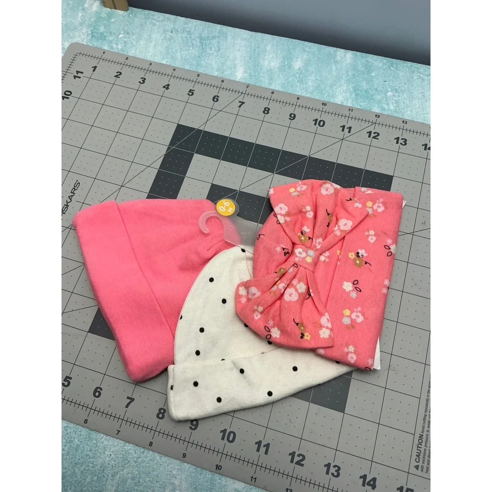 Baby Girl 0-6M Pink Floral Polka Dot Beanie Hat and‎ Bow Headband Set 3pc NEW